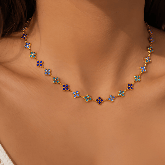 Blue Crystal Clover Choker Necklace