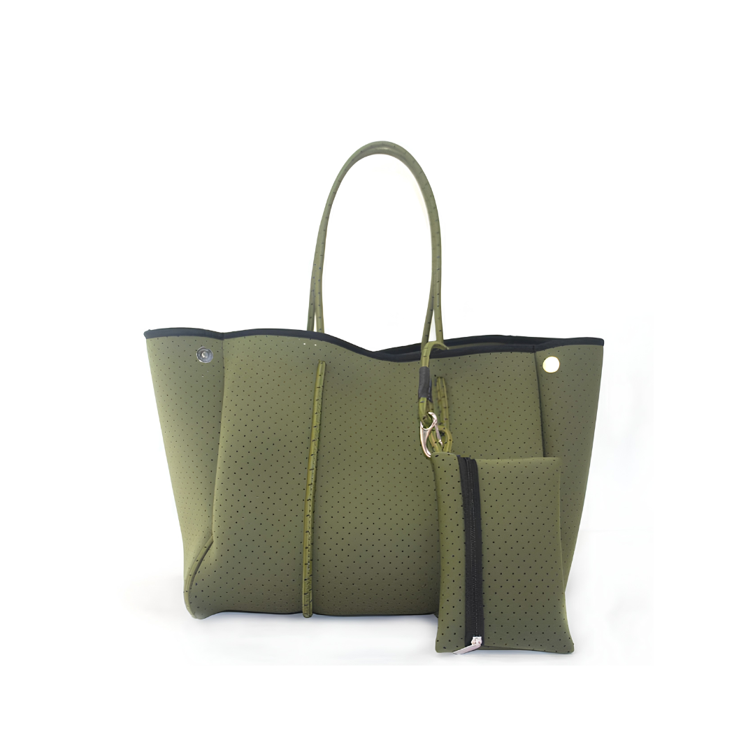 Olive Perforated Neoprene Tote with Pouch