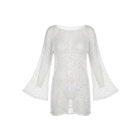 Ribbed Knit Beach Cover-Up with Bell Sleeves