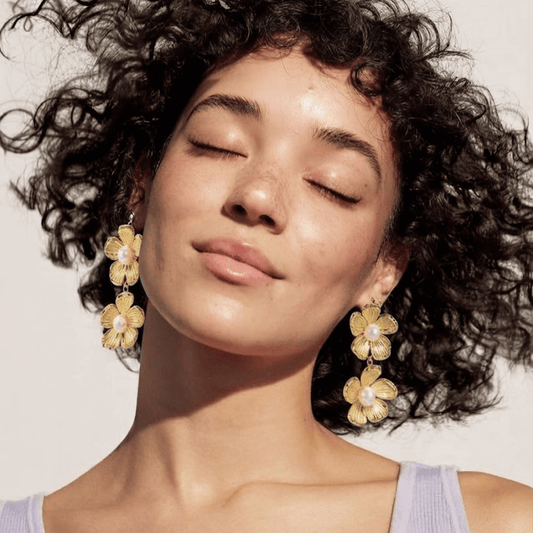 Double Golden Blossom Pearl Drop Earrings