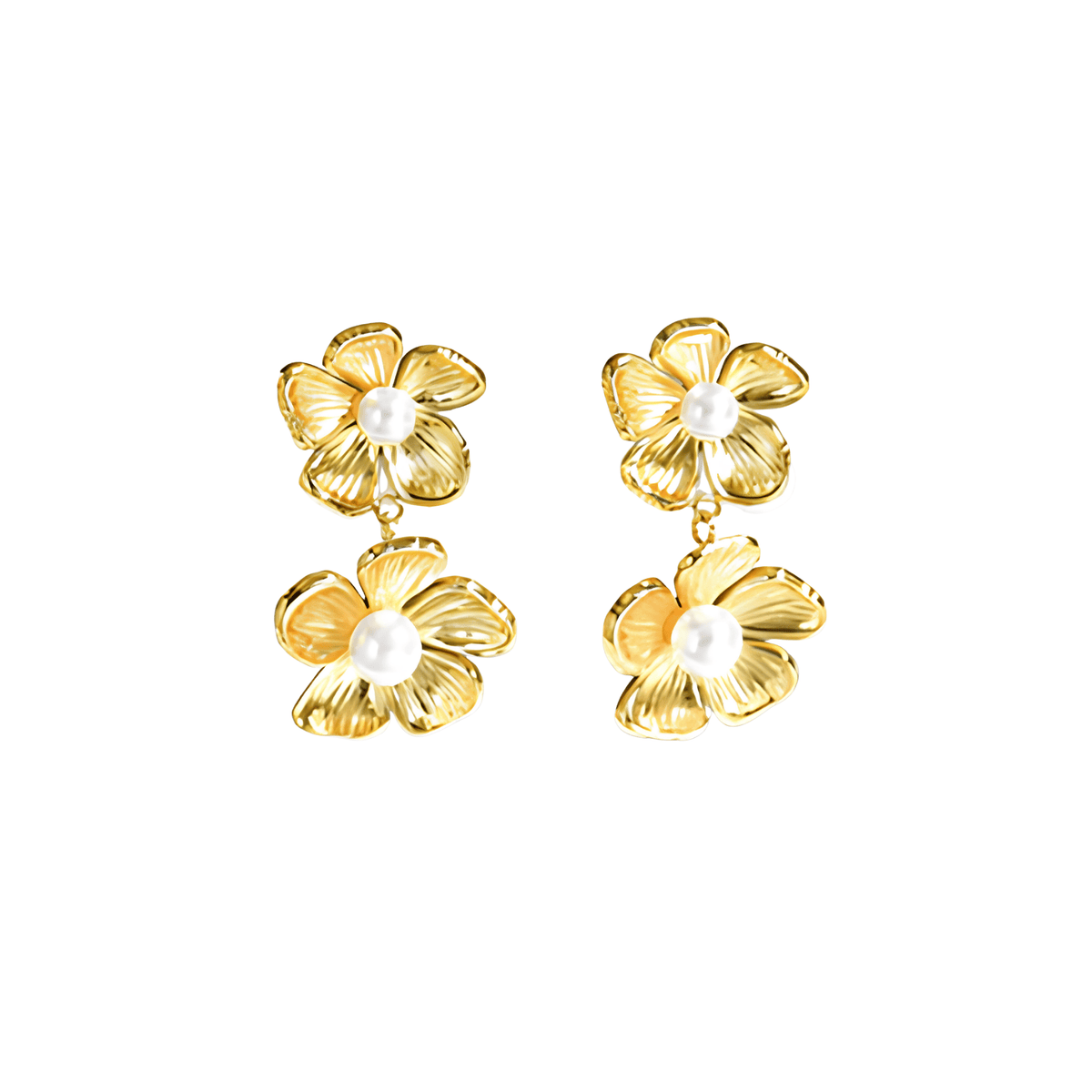 Double Golden Blossom Pearl Drop Earrings