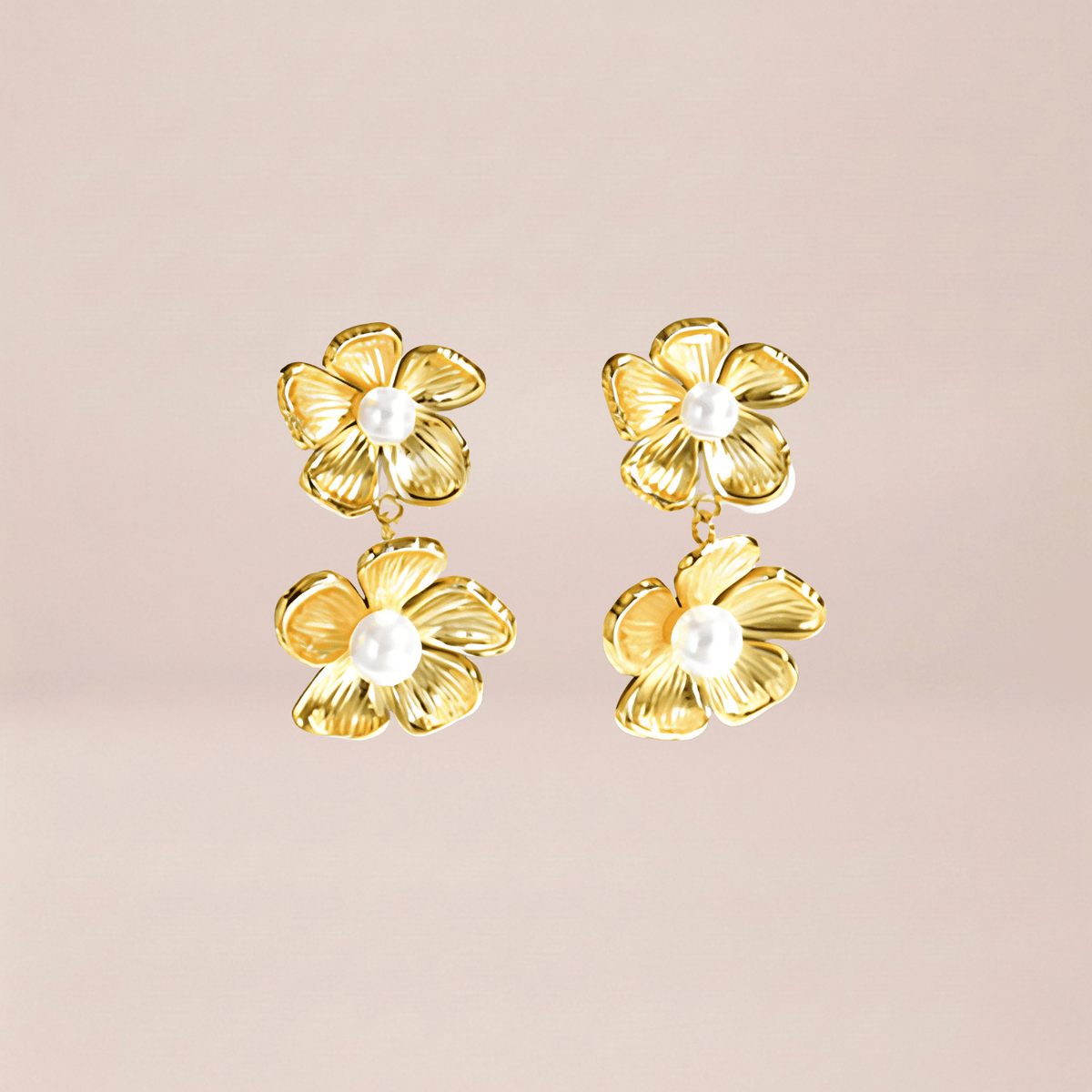 Double Golden Blossom Pearl Drop Earrings
