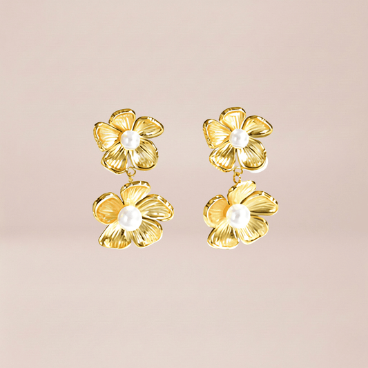 Double Golden Blossom Pearl Drop Earrings