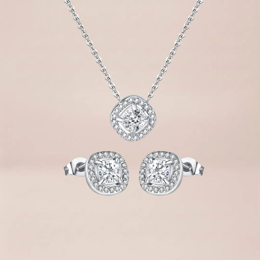 Jewellery set: halo pendant necklace and cushion-cut stud earrings