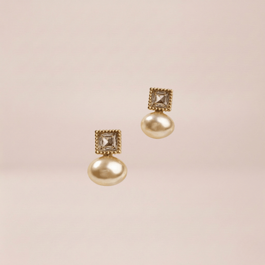 Crystal Square Pearl Duo Studs