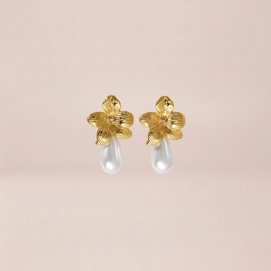 Golden Blossom Pearl Drop Earrings