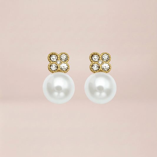 Crystal Clover Pearl Drop Earrings