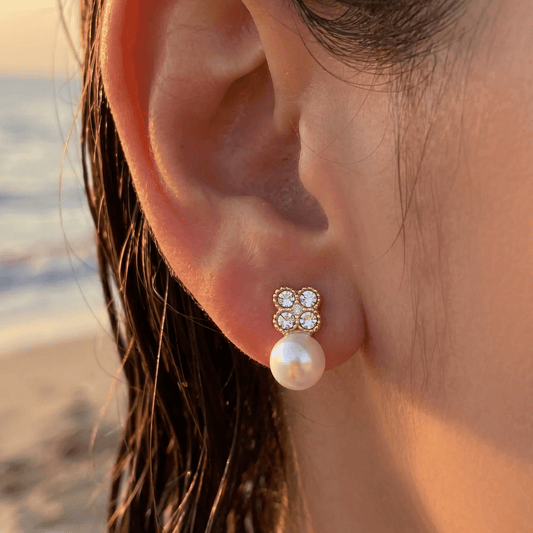 Crystal Clover Pearl Drop Earrings