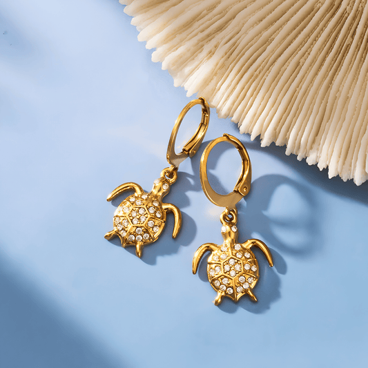 Crystal Turtle Huggie Drop Earrings