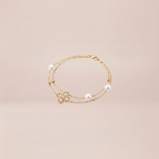 The Crystal Clover Double-Strand Pearl Bracelet