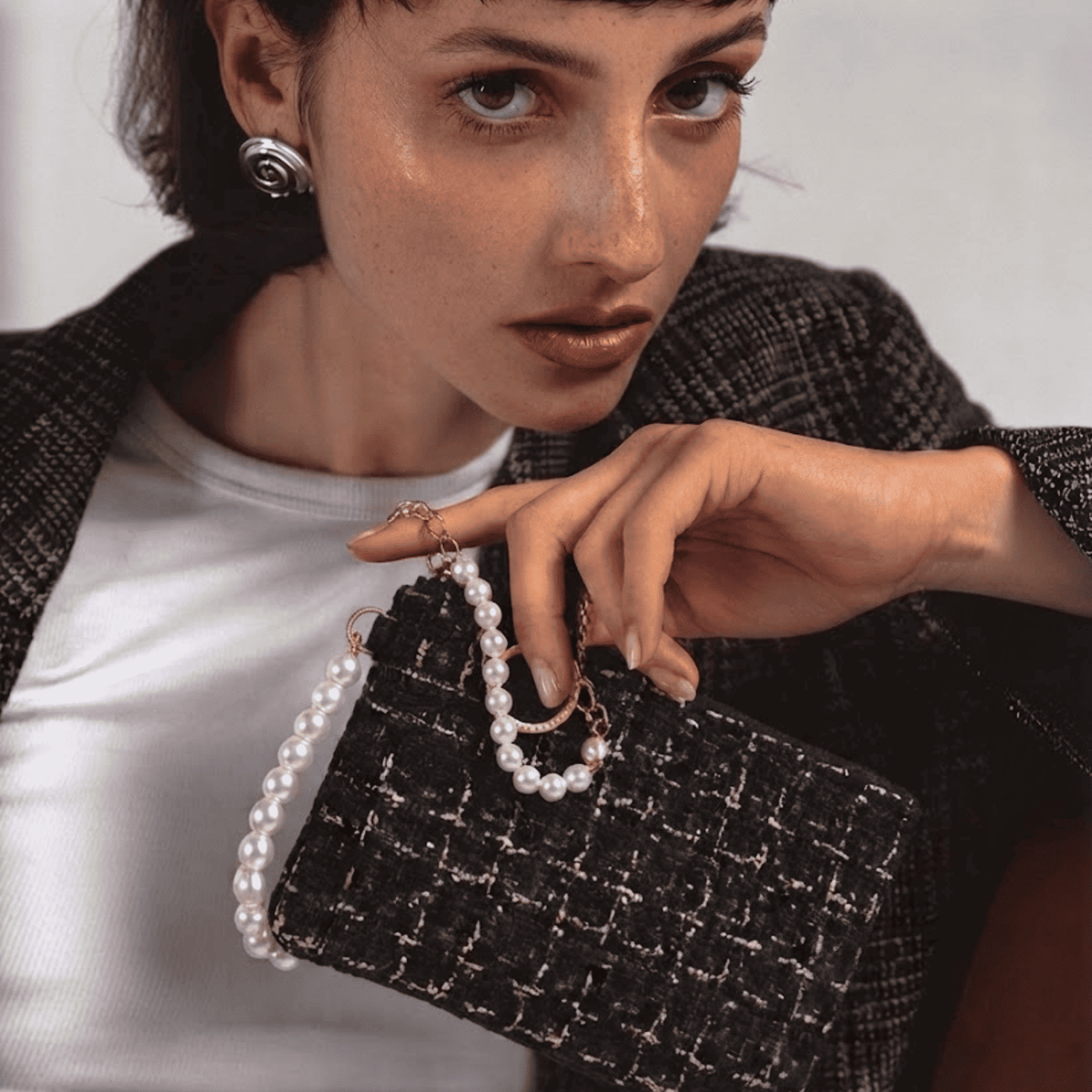 The Noir Tweed Pearl Pouch