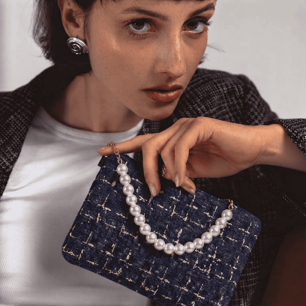 The Noir Tweed Pearl Pouch
