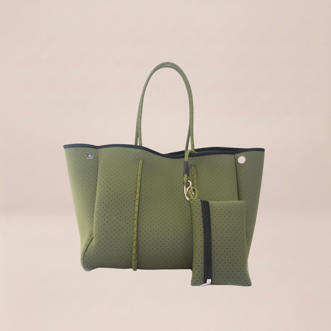 Olive Perforated Neoprene Tote with Pouch