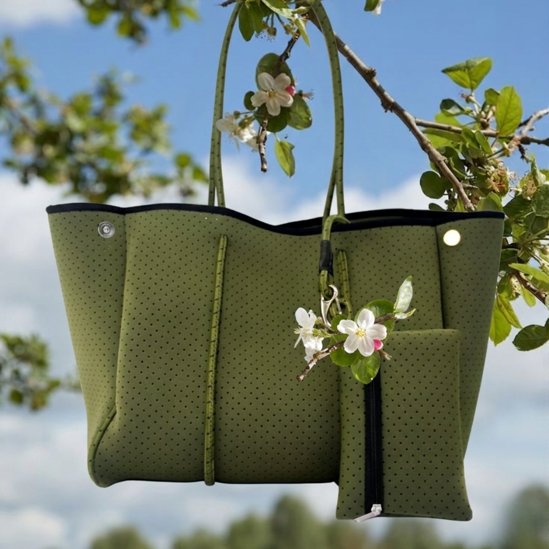 Olive Perforated Neoprene Tote with Pouch