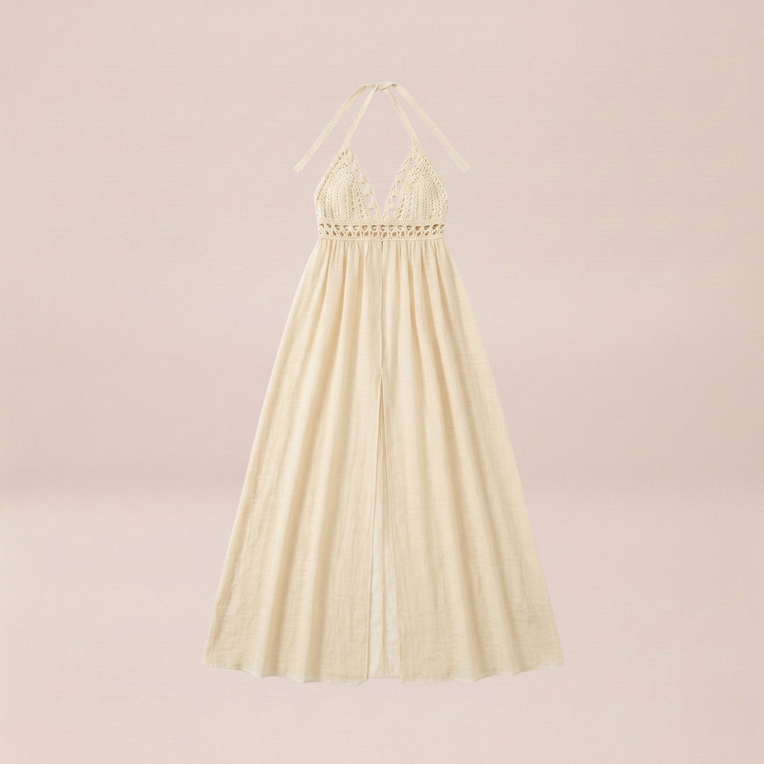 Crochet Halter Cream Maxi Dress