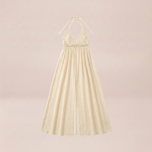 Crochet Halter Cream Maxi Dress