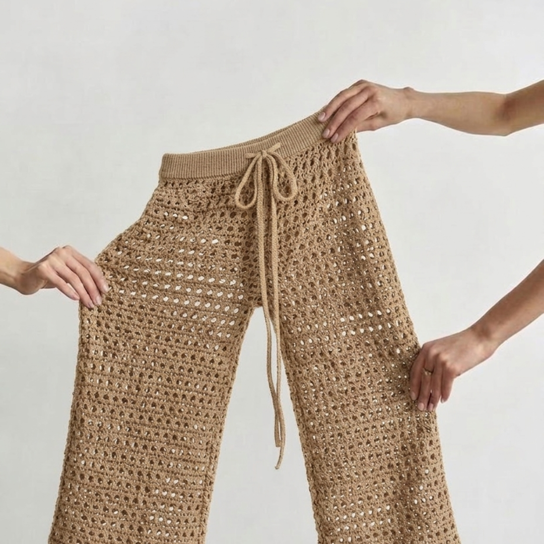 Crochet Wide-Leg Beige Beach Pants