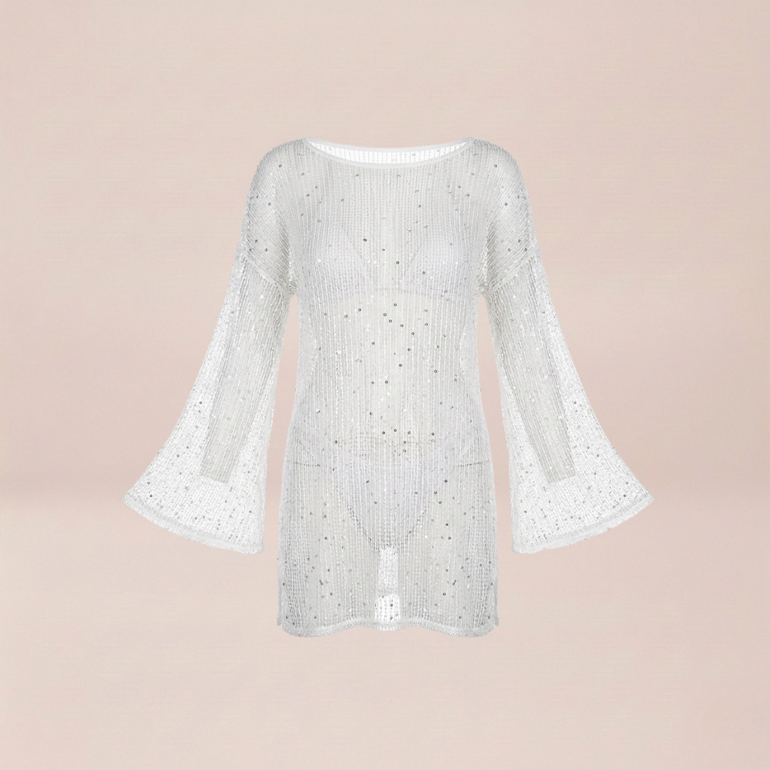 Ribbed Knit Beach Cover-Up with Bell Sleeves