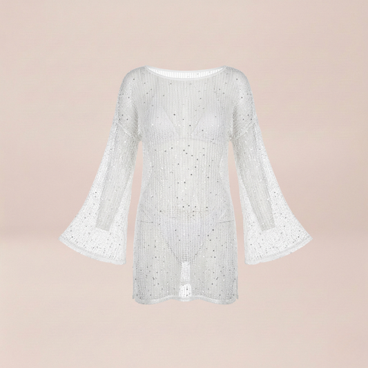 Ribbed Knit Beach Cover-Up with Bell Sleeves