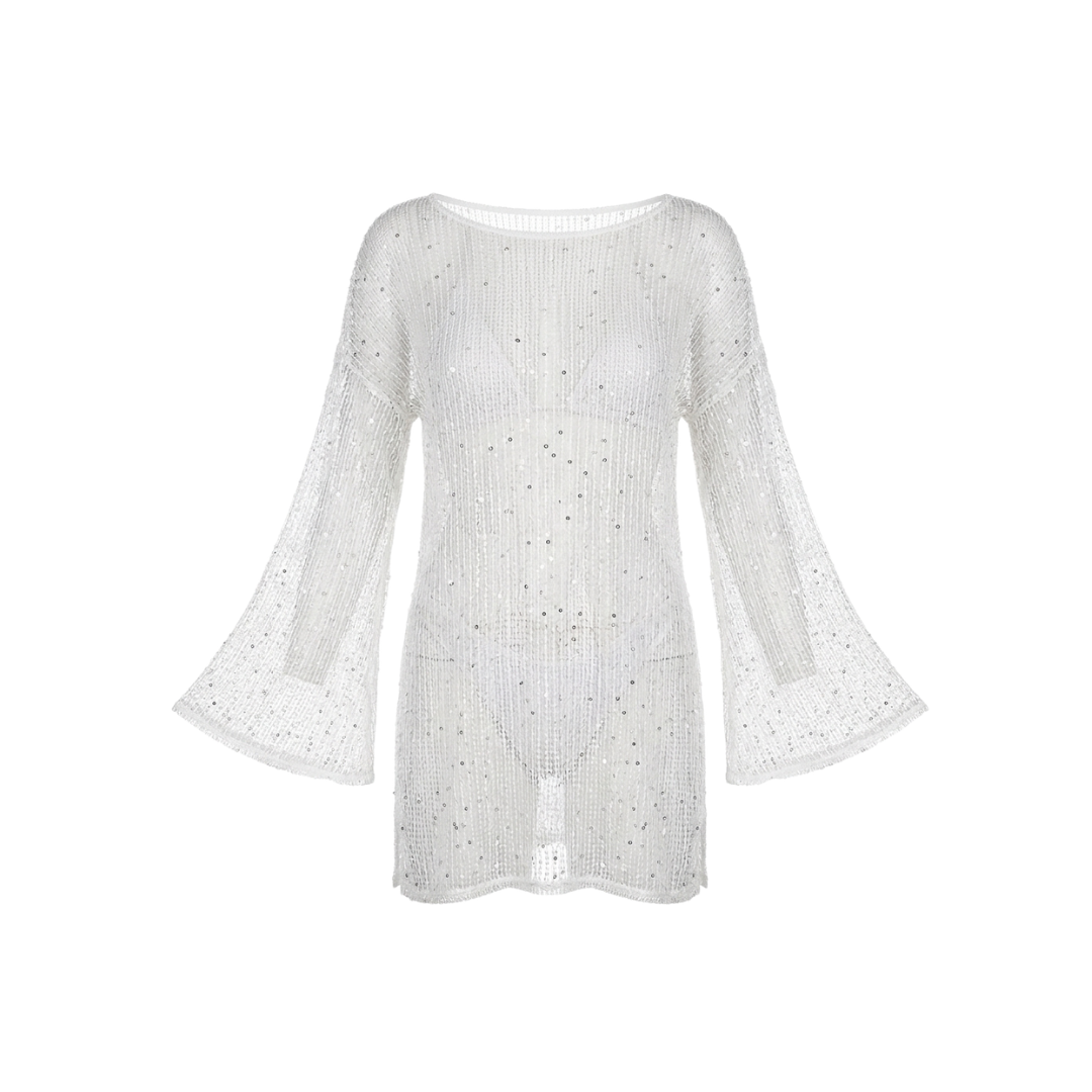 Ribbed Knit Beach Cover-Up with Bell Sleeves