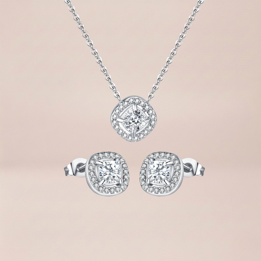 Jewellery set: halo pendant necklace and cushion-cut stud earrings